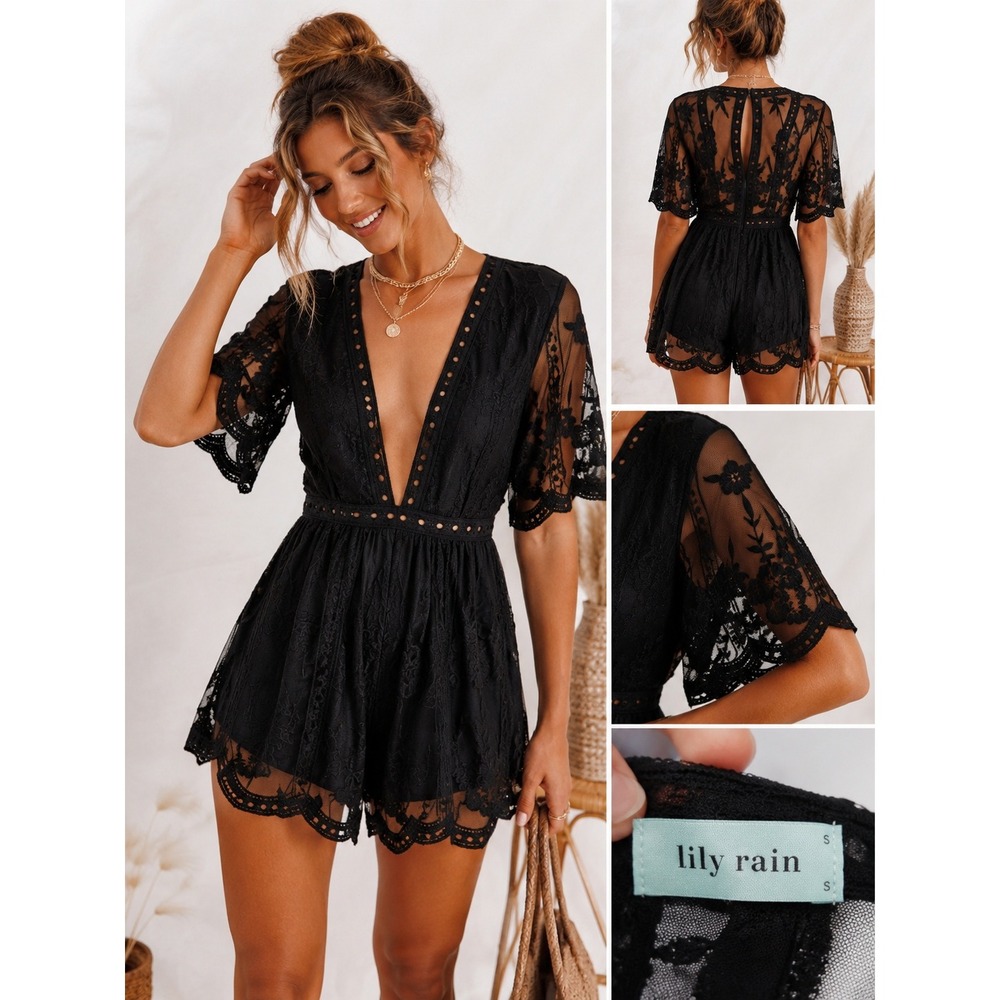 Lily Rain Romper Black Lace Floral Deep V-Neck Small Boho, Festival, Romantic
